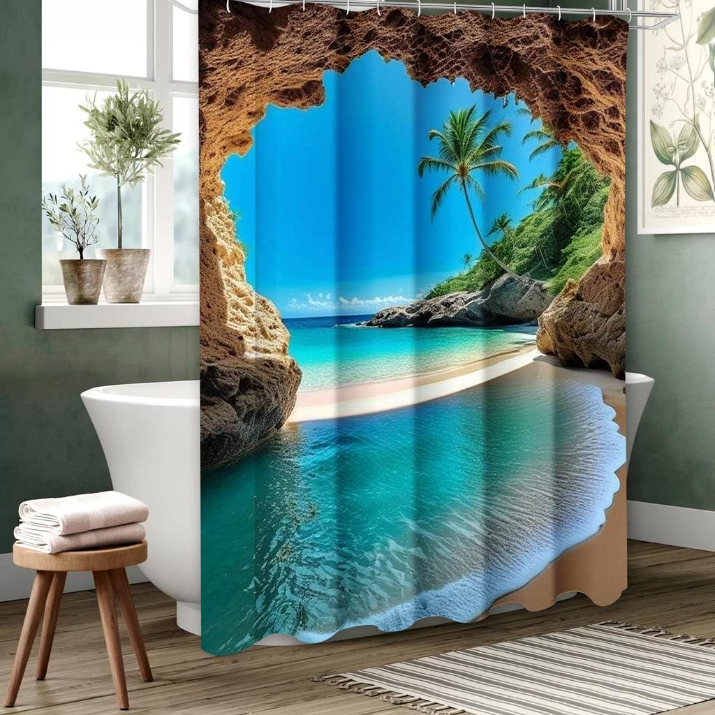 Beach  Bathing Curtain  Bathroom Letters Shower Curtain Waterproof With 12 Hooks Fishes Home Deco Free Ship
