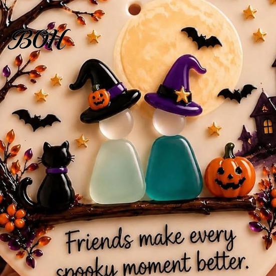 Heart Shaped Coastal Decor Heart-Shaped Sea Glass Art Friendship Ornament, 2D Flat Ornament Keepsake, Halloween Pumpkin Black Cat Hanging Decoration,