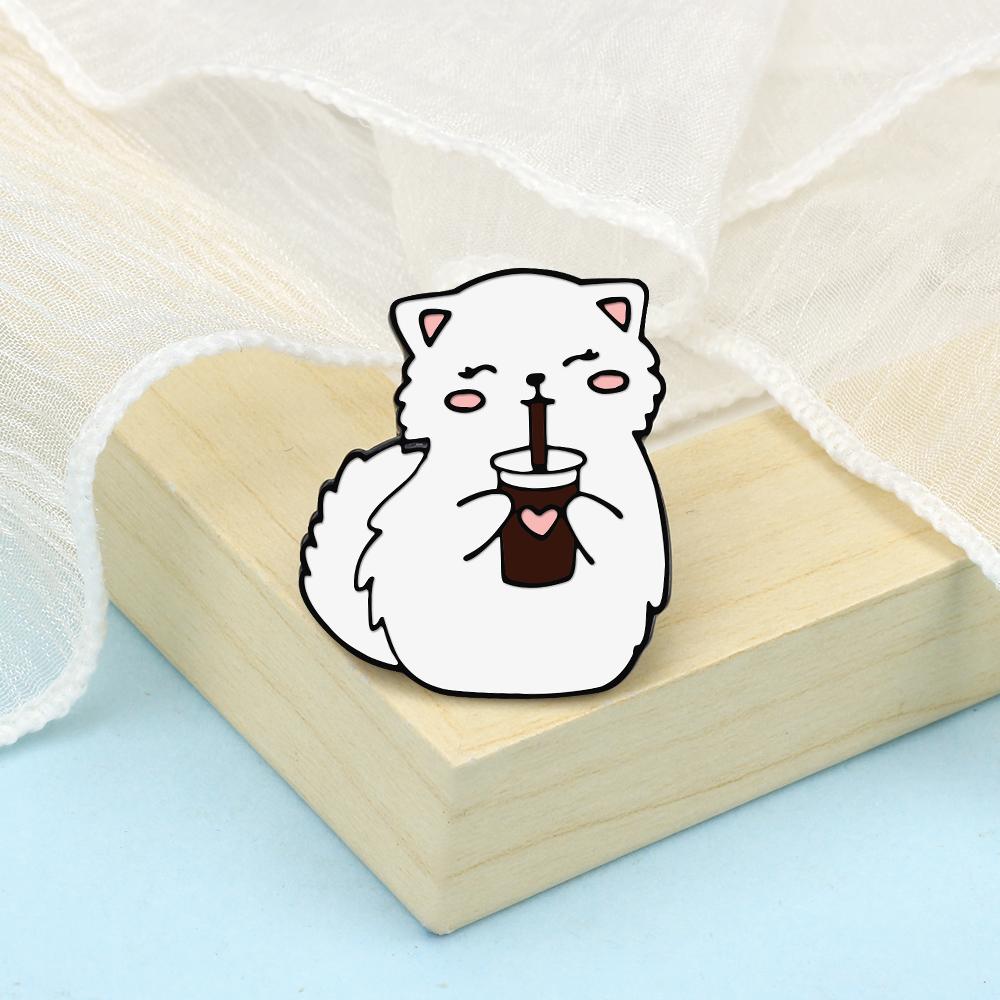 Cartoon Cute White Kitten Enamel Pins A Little Cat Drinking Cola Brooch Backpack Denim Lapel Badge Jewelry Gift for Kids Friends