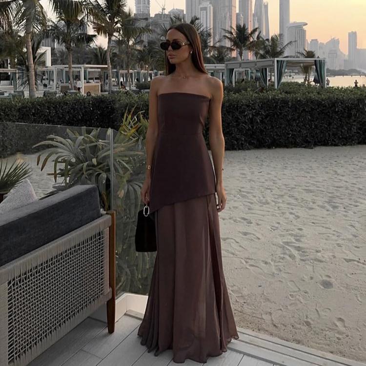 LYRIA Fashion Strapless Dress With Ribbon Female Elegant Solid Sleeveless Mesh Beach Vacation Long Dress Spring New Women Dress