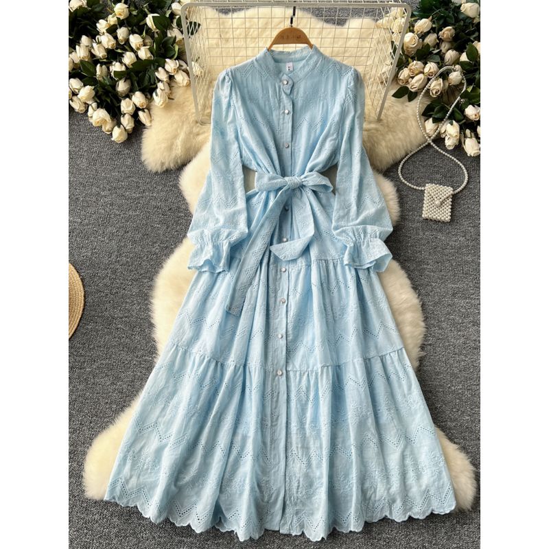 French Style Retro Stand Collar Single-Breasted Long Sleeve Waist-Tight Dress Women's Sweet Machine Embroidery Crocheted Long Vacation Skirt