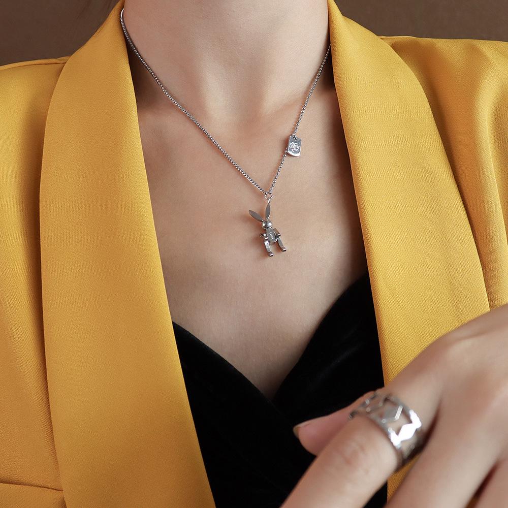 Playful Cute Rabbit Necklace: 18K Gold-Plated Titanium Steel with Letter Square Plate