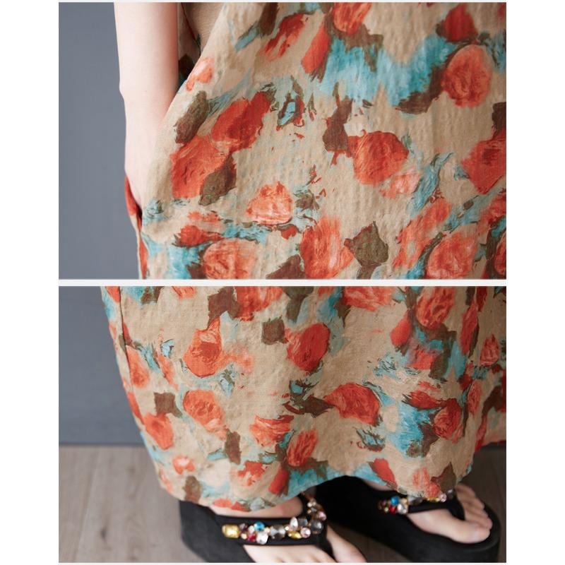 DIMANAF 2025 Sommer Damen Druck Übergröße Langes Leinenkleid Kurzarm Vintage Casual V-Ausschnitt Basic Lockeres Kleid