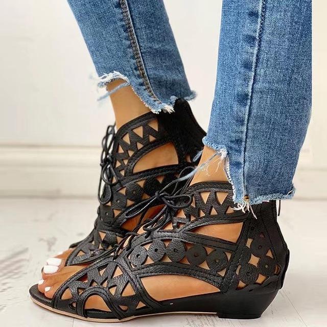 Women's Summer Peep Toe Sandals Openwork Retro Lacing Platform Comfy Outdoor Casual Shoes Large Size 35-43