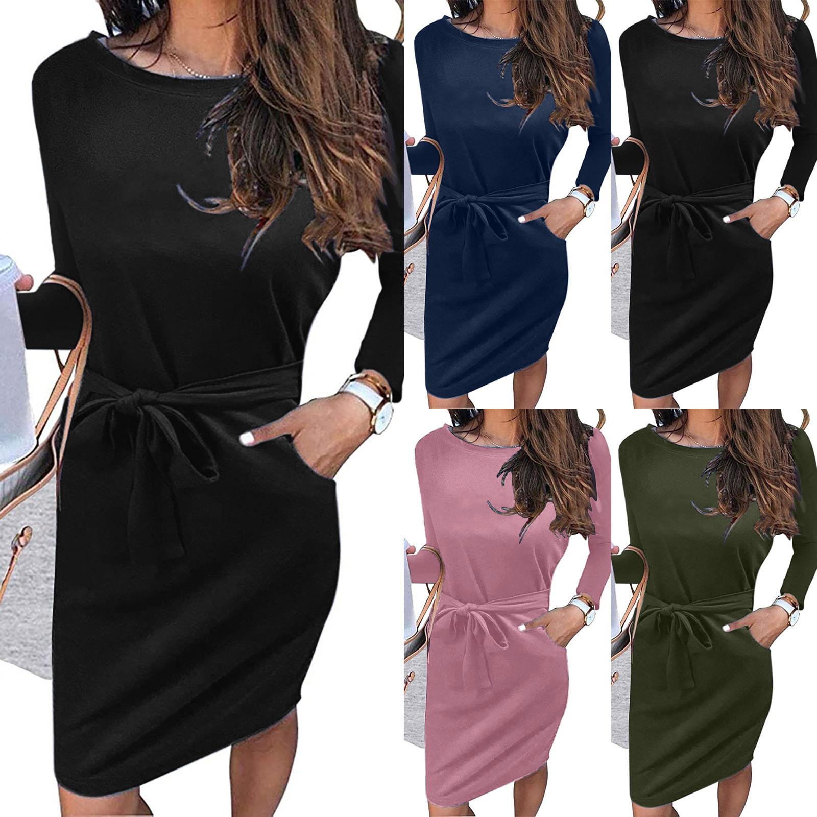 

Женское цветное бандажное платье средней длины с круглым вырезом и карманом с длинными рукавами