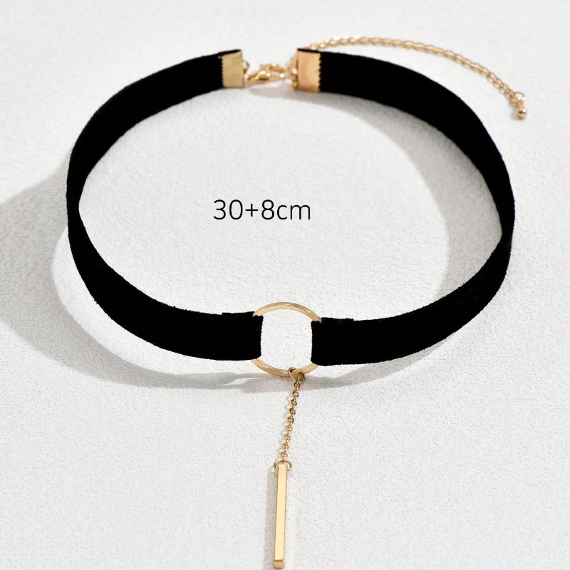 1pc Black Faux Suede Fabric Circular Choker With Stick Pendant & Chain For Women Gothic Summer Necklace