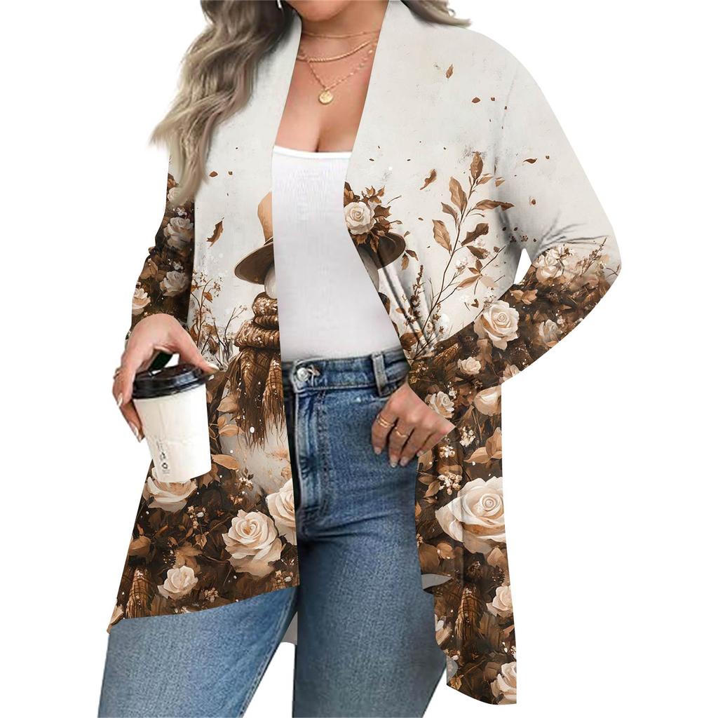 Women's Fall And Winter Fashion Casual Print Long Sleeve Mid-Length Cardigan Jacket