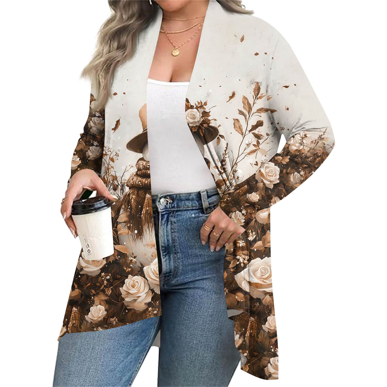 

Women s Fall And Winter Fashion Casual Print Long Sleeve Mid-Length Cardigan Jacket XXL