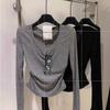 [210g 40-Count Fine Cotton 1*1] American-Style Gray Pleated V-Neck Regular Shoulder Long-Sleeve T-Shirt for Women, Autumn Top