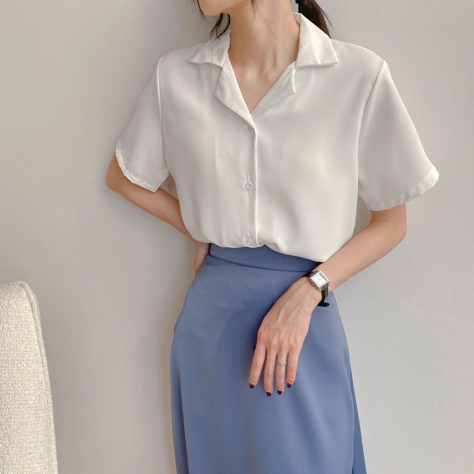 2021 Spring Retro Korean Style Women's Short Sleeve Lapel Shirt