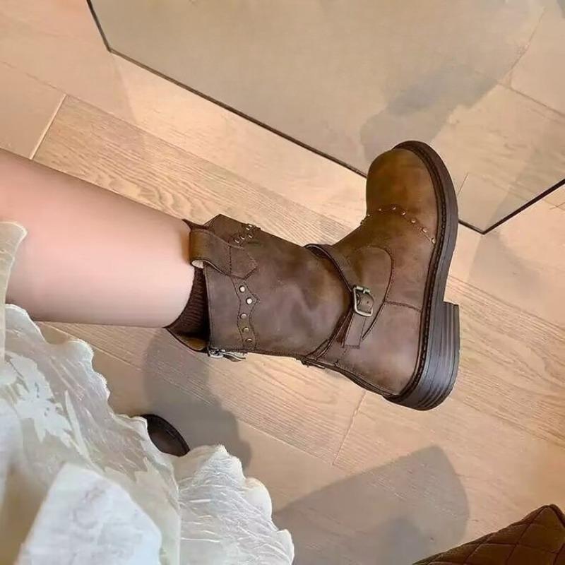 Round Toe Back Zip Single Boots Women'S Fashion Studded Metal Buckle Platform Block Heel Mid-Leg Boots