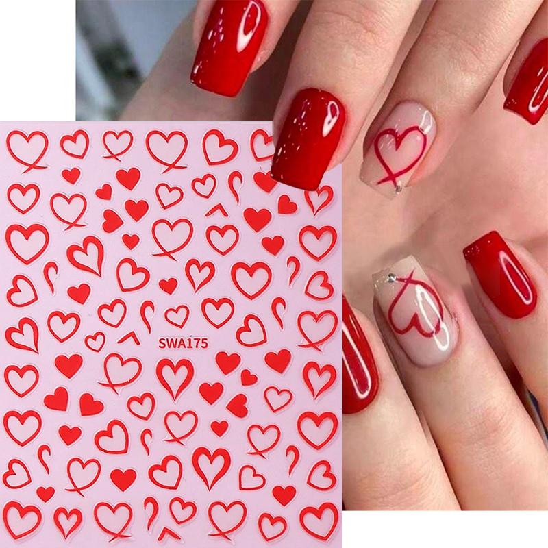 3Pcs Bronzing Love Heart Nail Stickers Red Gold Silver Line Love Nail Decals Diy Adhesive Slider Valentine'S Manicure Decoration