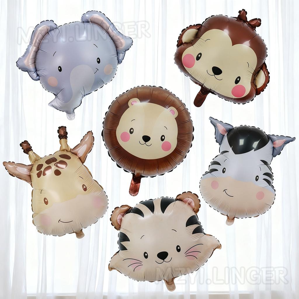 6pcs Cartoon Matte Animal Aluminum Film Balloon Tiger Lion Elephant Giraffe Balloon Forest Theme Party Birthday Party Decoration