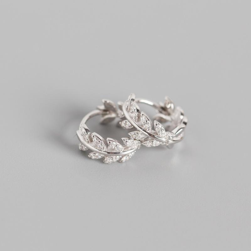 NEW INS 925 Sterling Silver Earrings Elegant Olive Leaf Shape with Shiny Zircon Diamond Gold Plated Hoop Earrings for Women