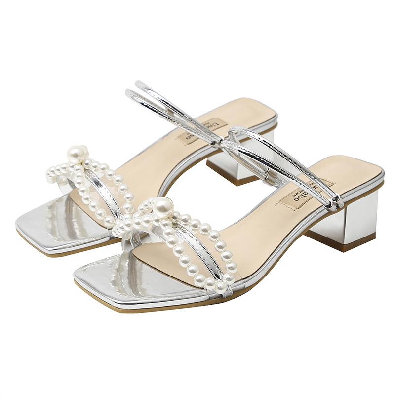 Wedding Sandals High Heels White Pearl Rhinestone Bow Genuine Leather Sweety Princess Style Lower Square Heels Sandals Size33-41