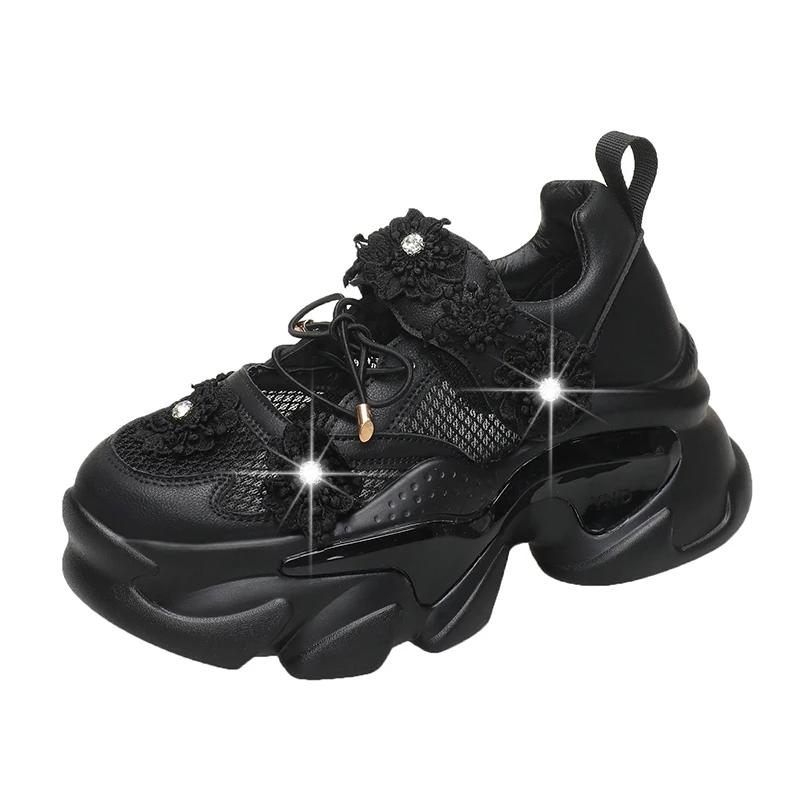 

Fashion Women Platform Casual Breathable Crystal Flower Shoes Summer Chunky Sneakers 7.5CM Hidden Heels Hollow Leisure Shoes Woman 34