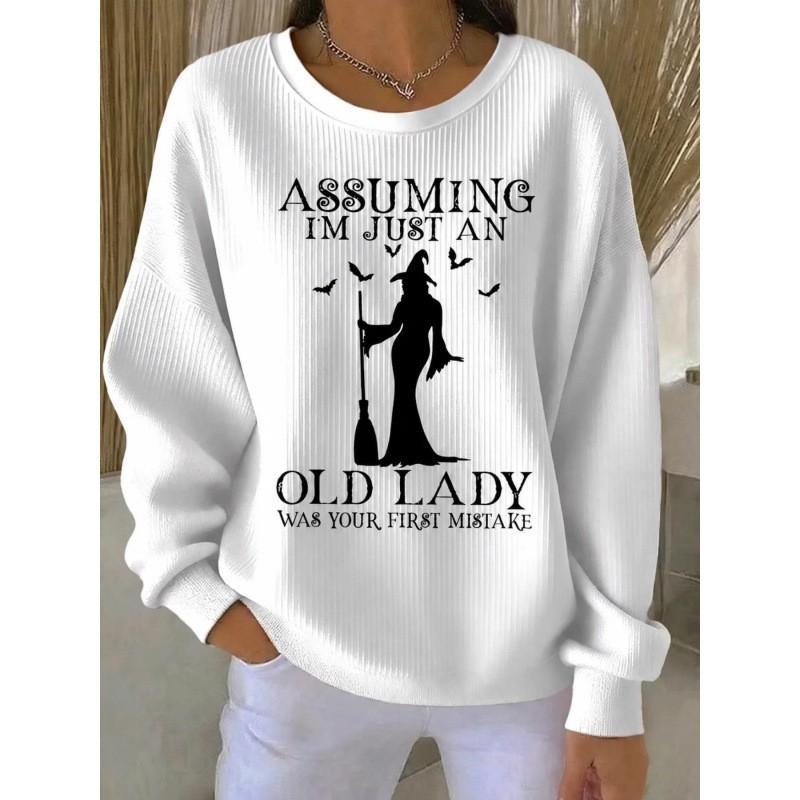 2026 Halloween Witch Print Crew Neck Long Sleeve Pullover Sweatshirt Unisex