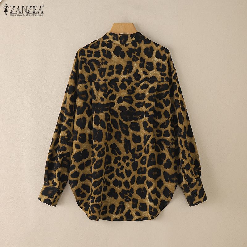 ZANZEA Damen Locker Lässige Leopard-Print Langarmbluse
