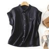 Women Casual Loose Short Sleeve Lapel Collar Cotton Linen Shirt Top