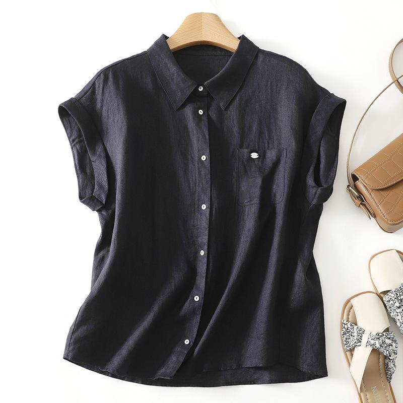 Women Casual Loose Short Sleeve Lapel Collar Cotton Linen Shirt Top