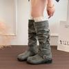 Black leather buckle stack knight boots women's new medium tube flat bottom western boots retro old design boots