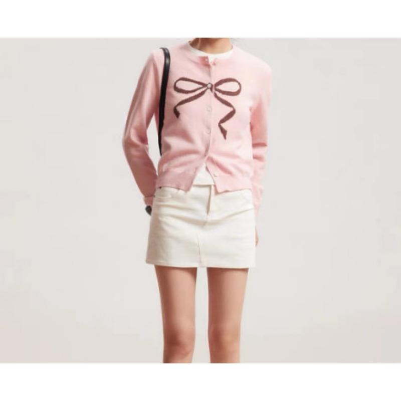 New Solid Color Sweet Age-reducing Bow Round Neck Jacquard Sweater Knitted Sweater Cardigan Jacket Women