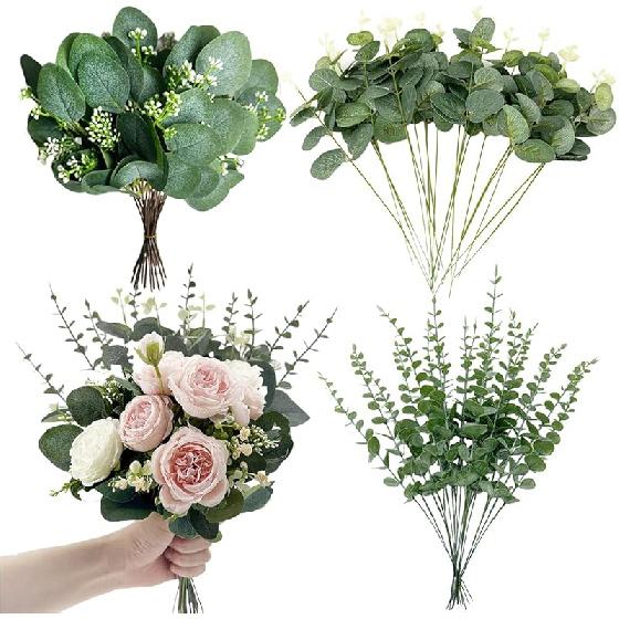 100 Pcs 3 Kinds Mixed Artificial Silver Dollar Eucalyptus Leaves Picks, Faux Eucalyptus Stems Sprays for DIY Bouquets Floral Arrangement Wedding Home