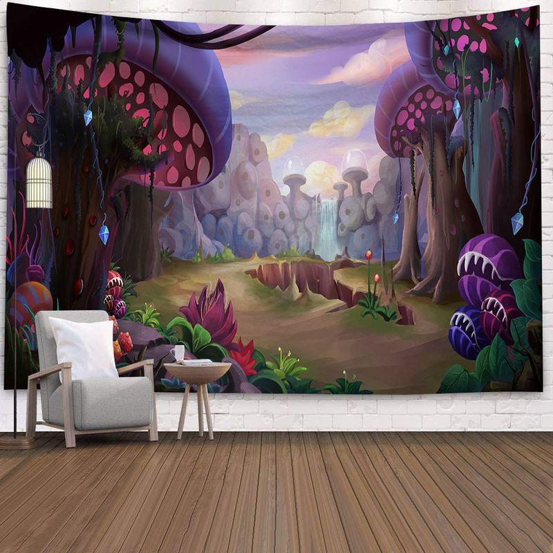 Mushroom Forest Tapestry, Peach Skin Velvet Background Fabric, Polyester Digital Printing Wall Carpet, Room Decoration Hanging Fabric