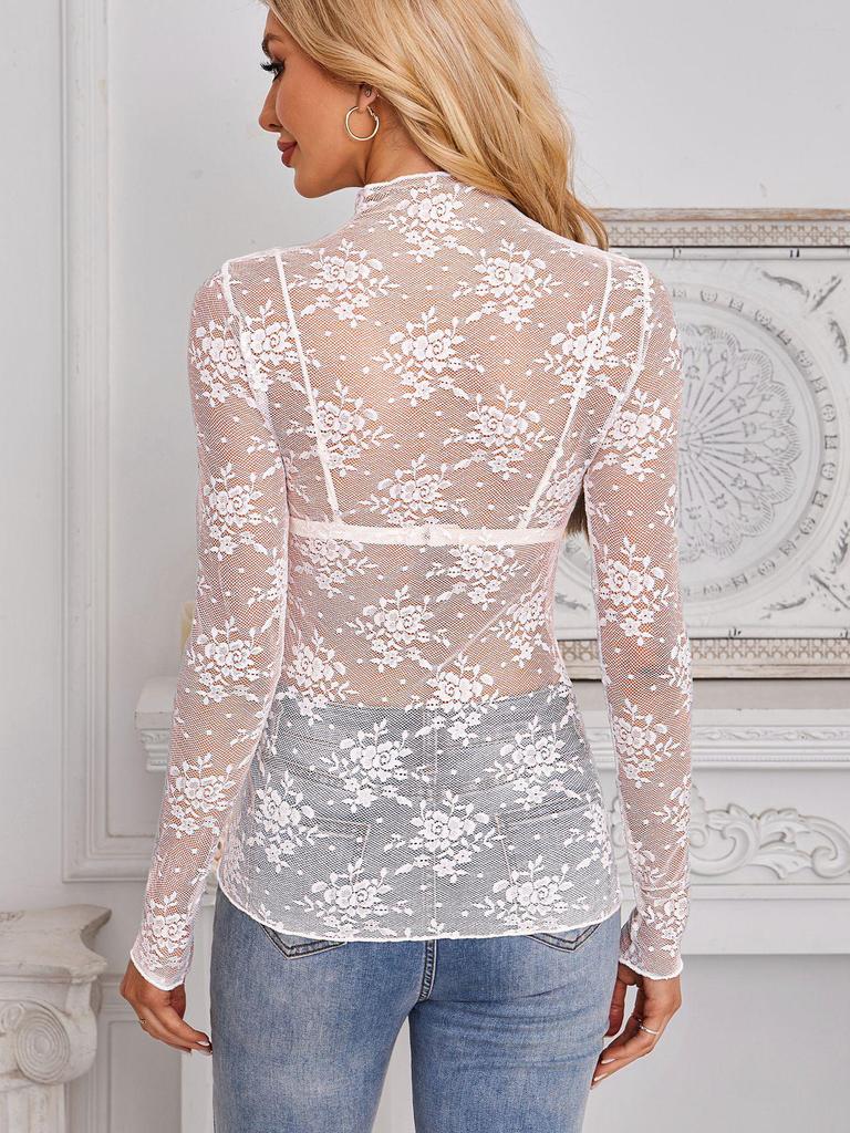 2025 European and American Slim Fit Lace Mesh Long Sleeve Top for Women