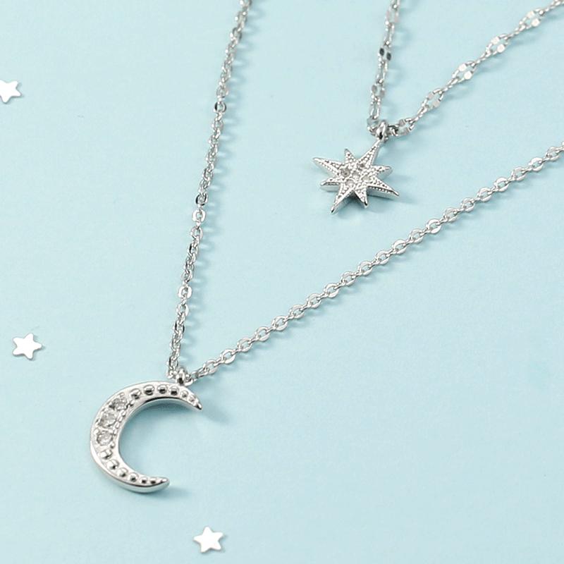 Women s Trendy Double Layer Star and Moon Pendant Clavicle Necklace