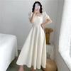 Bubble sleeves square neck white Hepburn light and mature style dress women's white skirt waist and thin temperament knee long dress summer