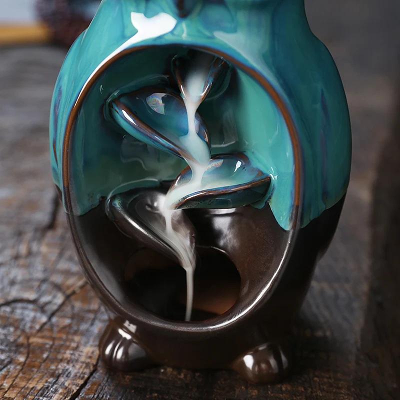 1pc,Cute Desktop Decoration Ceramic Owl Backflow Incense Burner Fountain Waterfall Incece Holder (Without Incense)