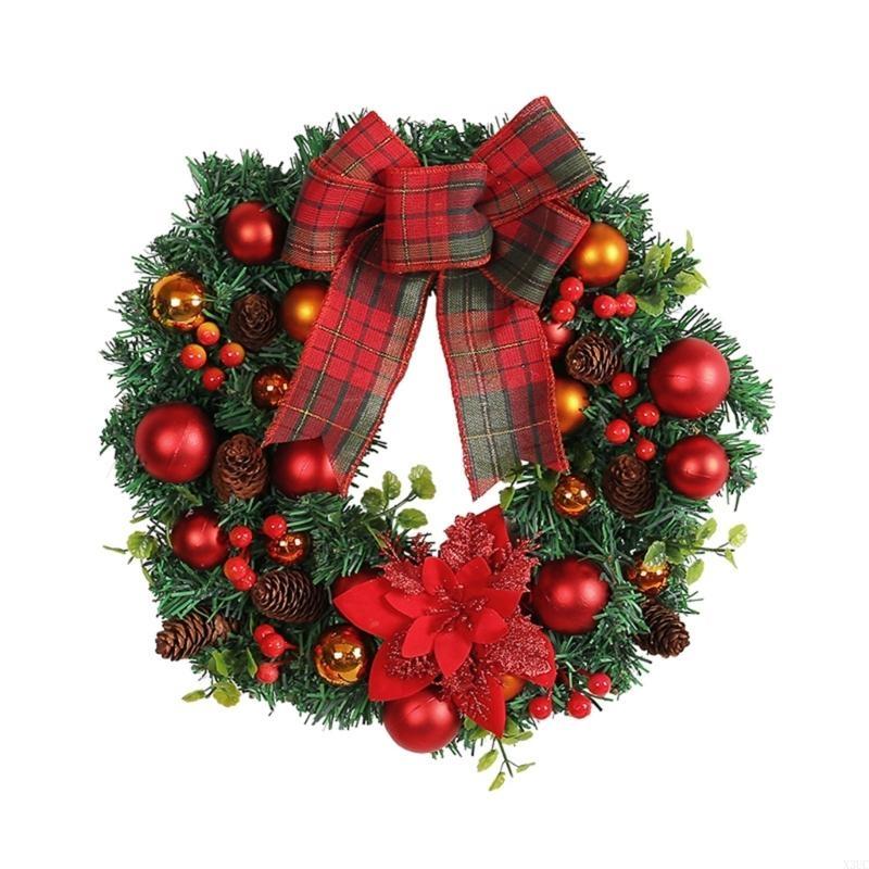 16Inch Christmas Wreath for Front Door Window Wall Door Decorations Flower Bowknot Red Berries Ornament Hanging Garlands X3UC