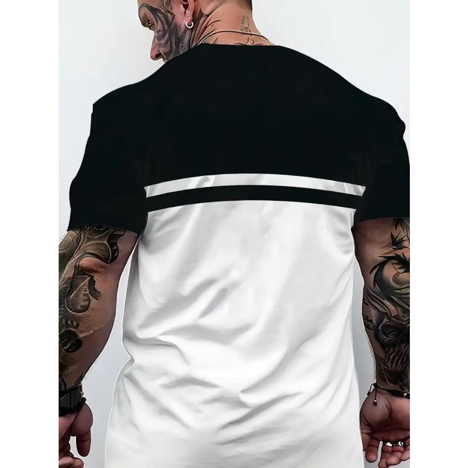 Men's Casual Striped 3D Print T-Shirt - 100% Polyester Short Sleeve Round Neck Tee with Contrast Black & White Stripes