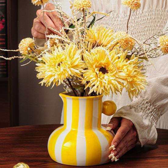 Painted Ceramic Vase Desktop Stripe Art Vase Decorative Flower Vase for Flower Arrangement Living Room Bedroom Decor