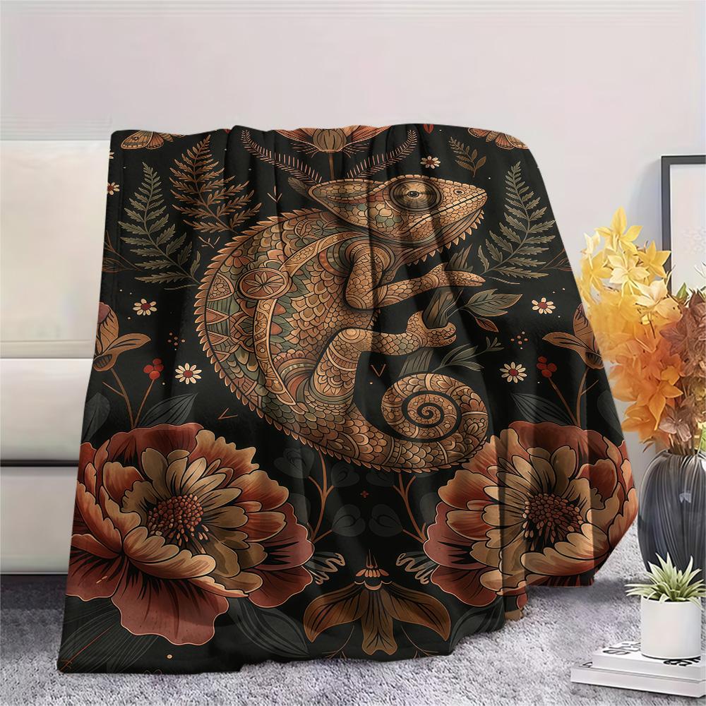 1PC Cute Chameleon Print FlAannel Blanket, High quality Comfortable for All Seasons, Home Decor, Warmth and Comfort