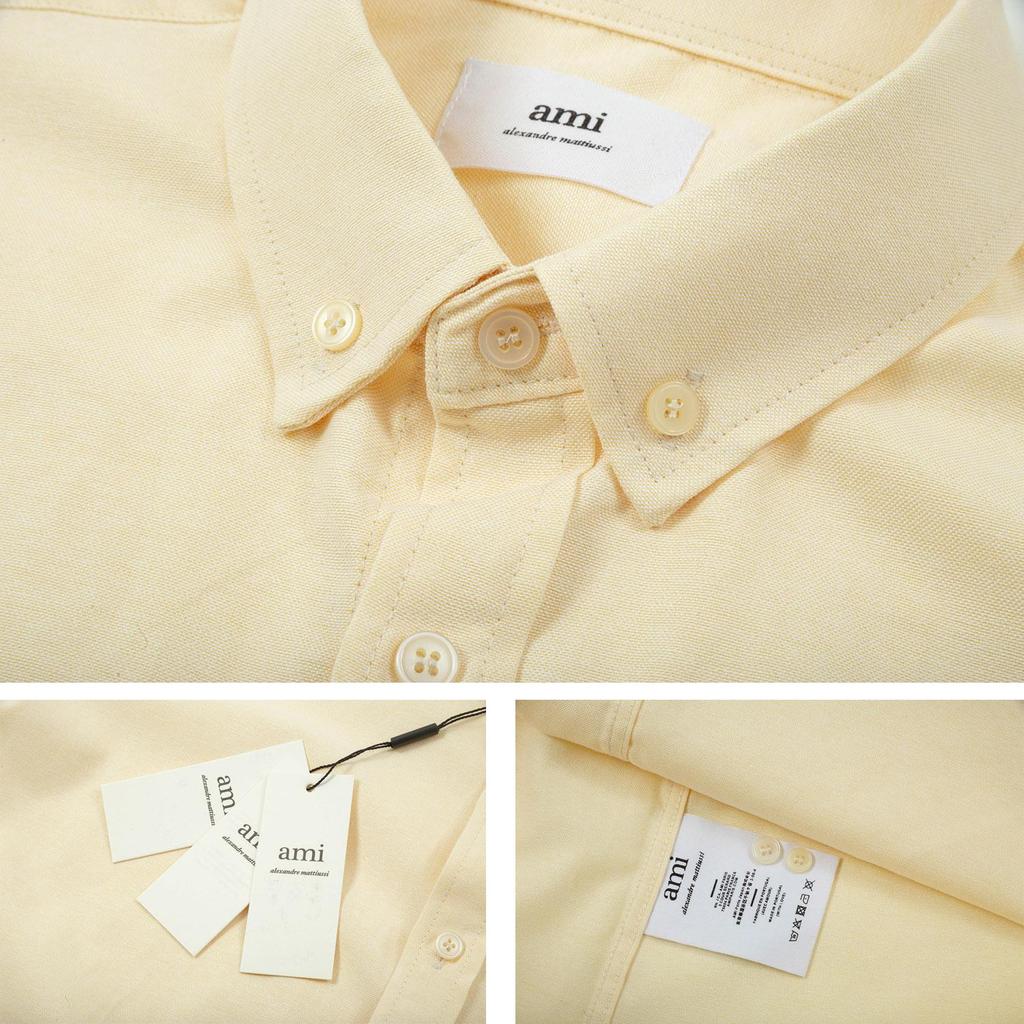 AMI Men's Classic Autumn Chest Same Color Heart Embroidered Casual Cotton Solid Color Short Sleeved Shirt