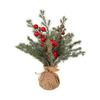 Desktop Holiday Decoration Miniature Christmas Tree with Red Berries, Artificial Mini Pine Burlap for Office Base, Tabletop Faux Small Potted