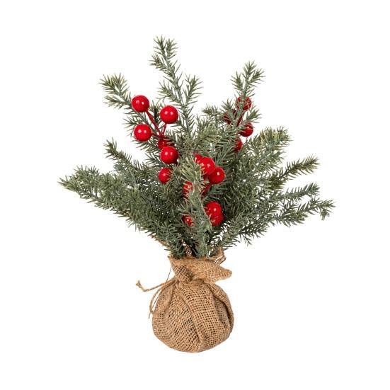 Desktop Holiday Decoration Miniature Christmas Tree with Red Berries, Artificial Mini Pine Burlap for Office Base, Tabletop Faux Small Potted