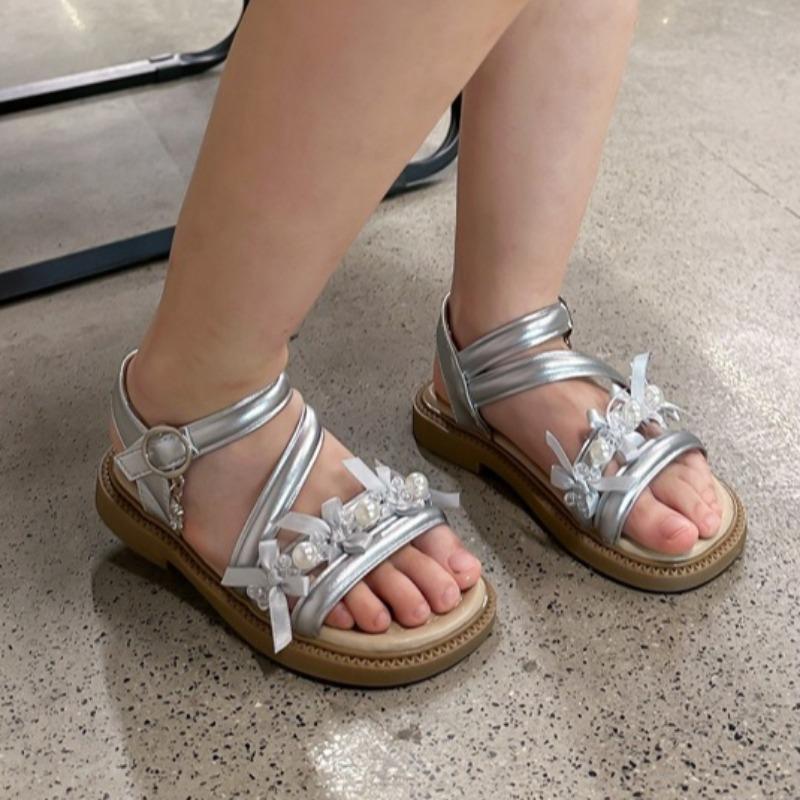 Girls Pearl Sandals Comfort Non-Slip Beach Shoes Hook & Loop Princess Sweet Beach Sandals