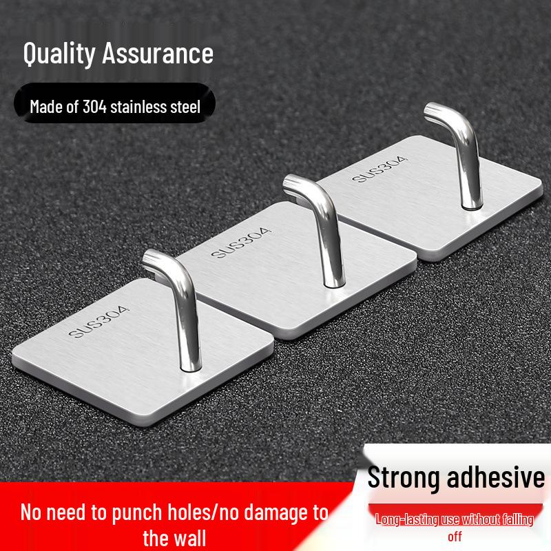 Stainless Steel Adhesive Wall Hook - No Drill, Heavy-Duty Single Hanger for Kitchen & Dorm