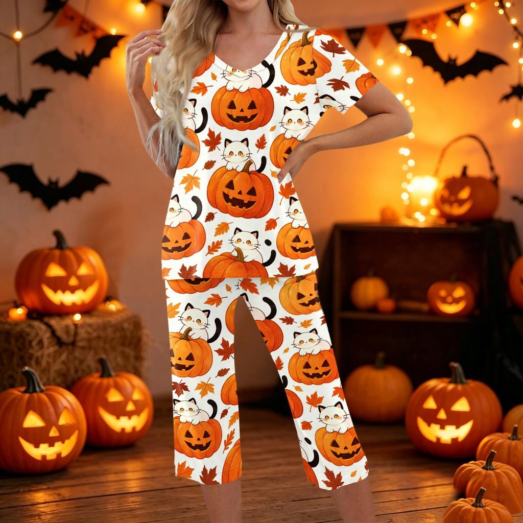 Women Two Piece Halloween Print Set Short Sleeve Top and Cropped Pants Casual Sportswear Outfit for Daily Wear Lounge Home