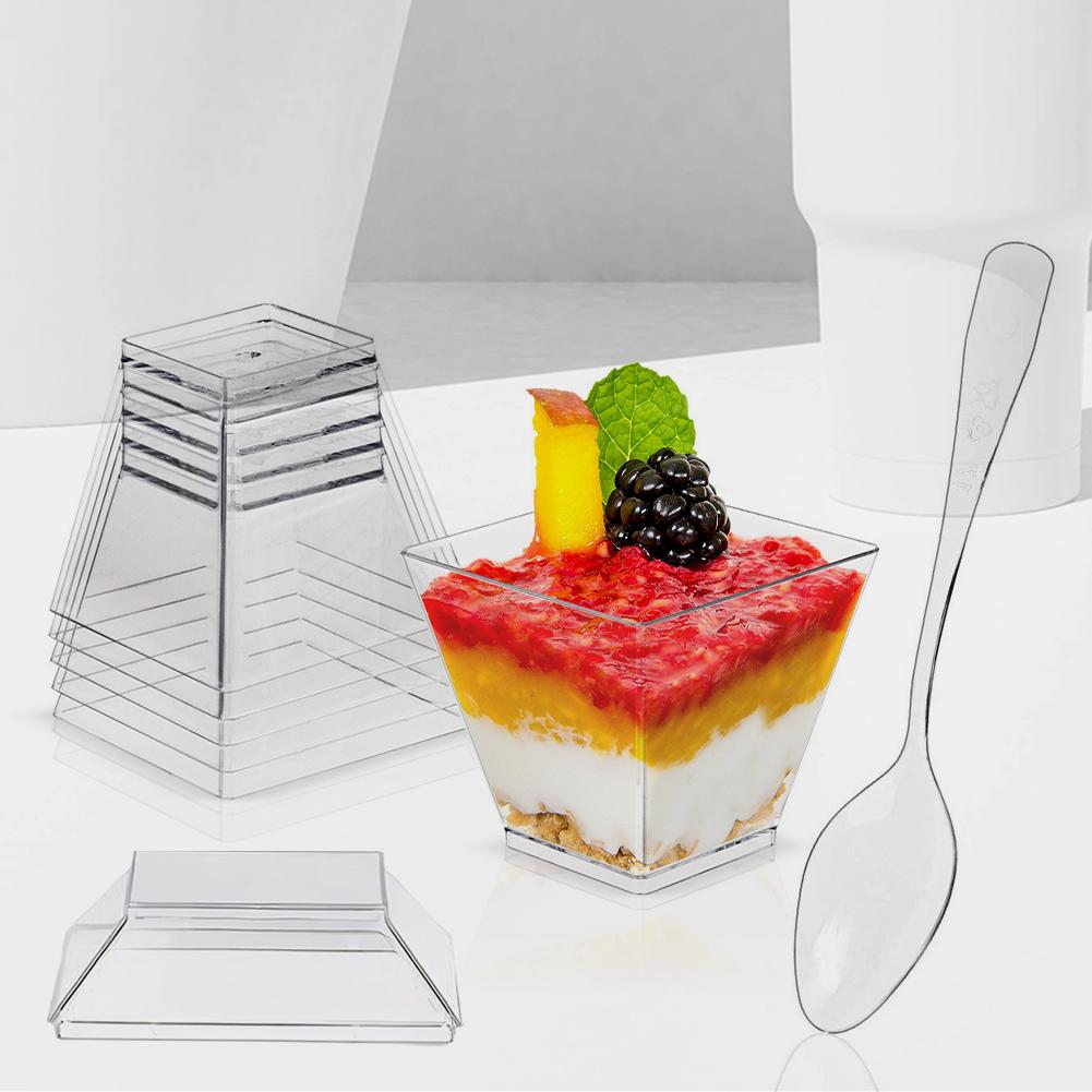50/100 Pack 60ml Plastic Dessert Cups with/no Lids and Spoons Clear Yogurt Parfait Cups Square Appetizer Cups 2OZ Serving Cups