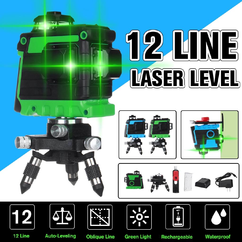 12 Lines 3D Self-Leveling Laser Level 360 Horizontal & Vertical Cross Super Powerful Green Laser Beam Line+ battery
