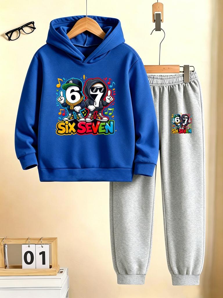 New autumn/winter 2-piece tracksuit set: hooded sweatshirt + long pants, featuring a Halloween-themed SIX SEVEN 67 print.