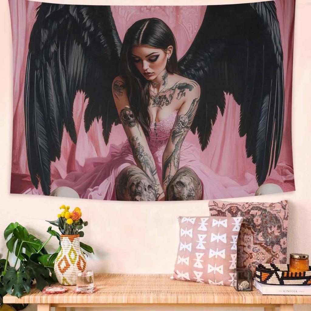 1PC Gothic Angel Wing Tapestry Pink Black Horizontal Wall Hanging Soft Polyester Fabric Goth Art Decor for Bedroom Living Ro