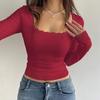 Sexy U-Neck Lace Bow Slim Fit Long Sleeve Y2K T-Shirt for Spring & Autumn