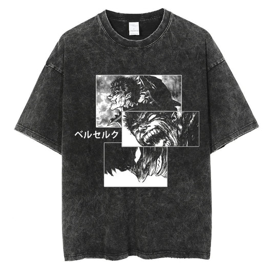 Japanese Anime Berserk Retro Washed T-shirt Men and Women Summer Harajuku Y2K Clothing Fashion Round Neck Short Sleeved Tee