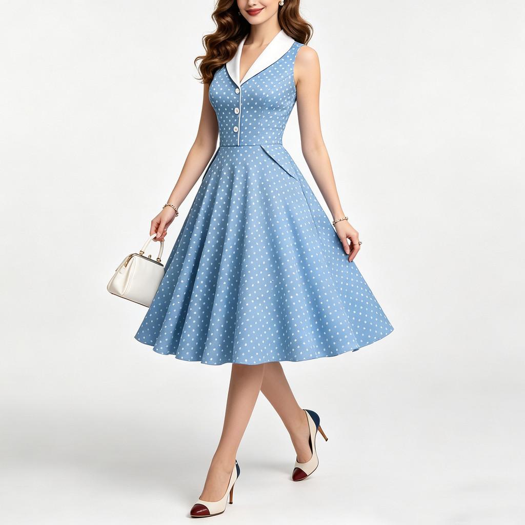 Vintage Summer Dress For Women With Polka Dot Pattern Cotton Blend For Casual And Party Wear