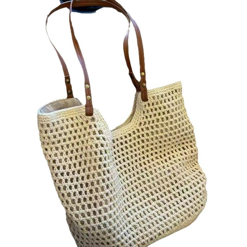 Leisure Large-capacity Shoulder Cotton Thread Woven Bag Hollow Reticulated Tote Bag Seaside Vacation Beach Bag Women's Bag